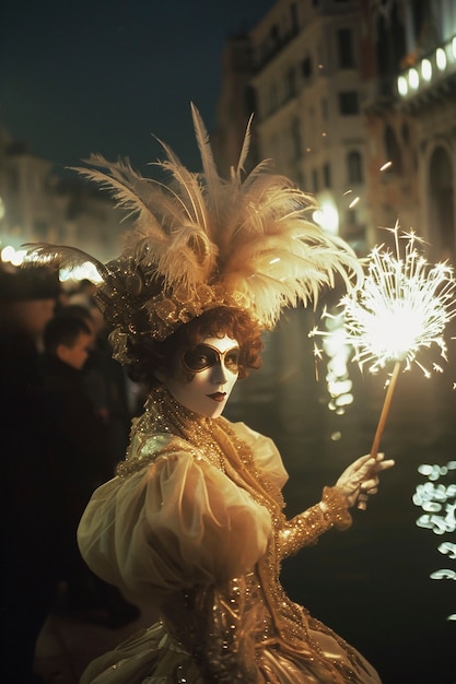 Pessoa participando do carnaval de Veneza vestindo um traje com máscara