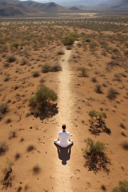 Pessoa praticando ioga meditação no deserto