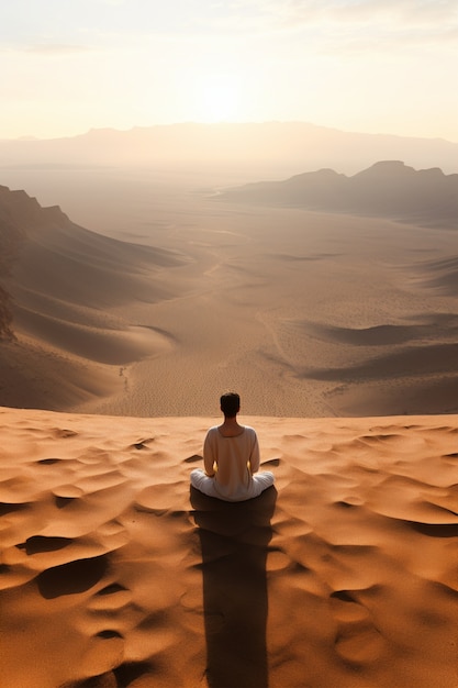Pessoa praticando ioga meditação no deserto