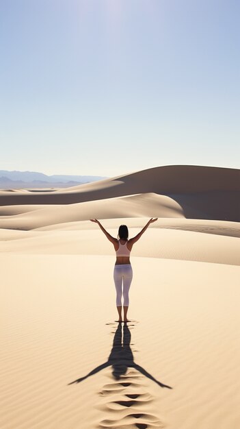 Pessoa praticando ioga meditação no deserto