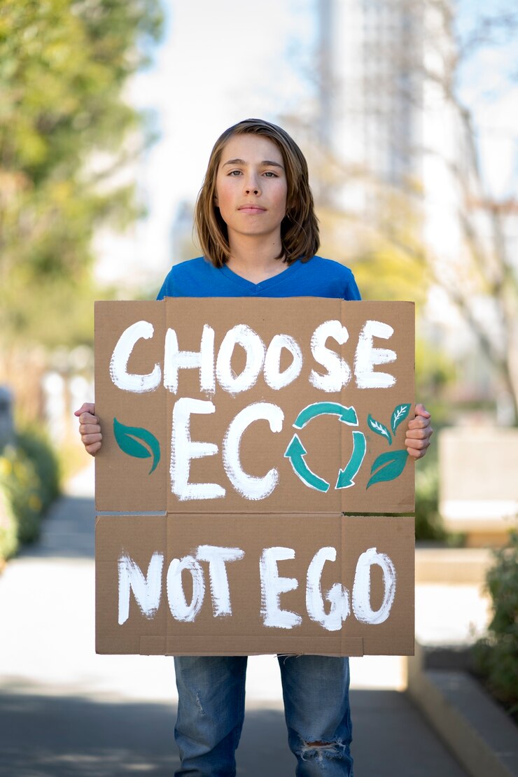 Foto grátis pessoa protestando com cartaz para o dia mundial do meio ambiente ao ar livre