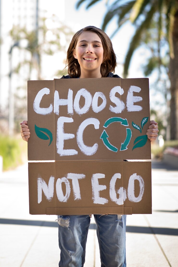 Foto grátis pessoa protestando com cartaz para o dia mundial do meio ambiente ao ar livre