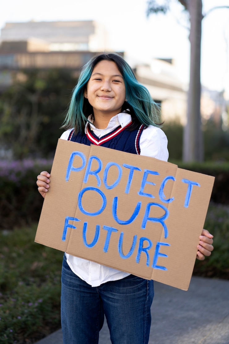 Foto grátis pessoa protestando com cartaz para o dia mundial do meio ambiente ao ar livre