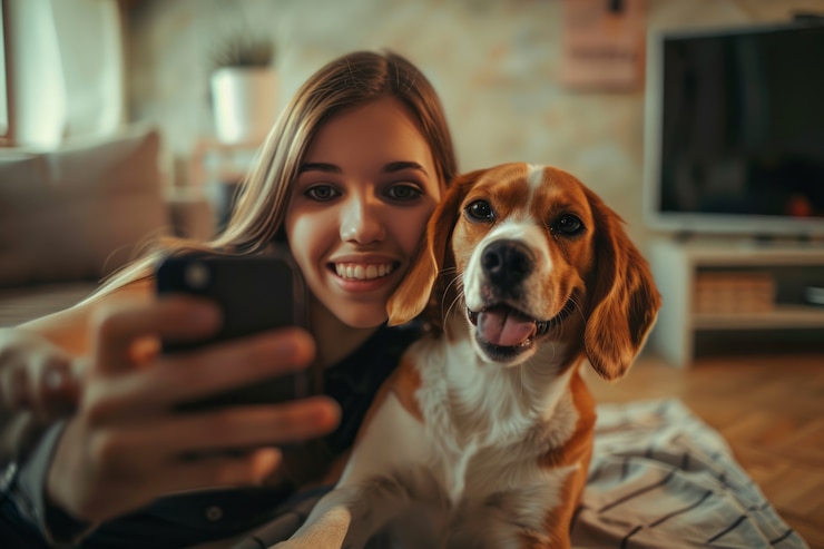 Foto grátis pessoa que cria conteúdo online com os seus animais de estimação