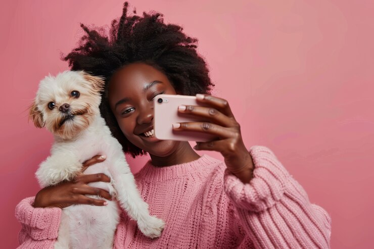 Foto grátis pessoa que cria conteúdo online com os seus animais de estimação
