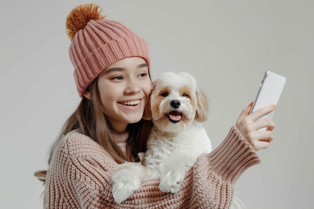 Foto grátis pessoa que cria conteúdo online com os seus animais de estimação