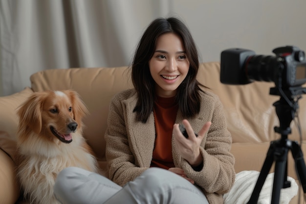 Foto grátis pessoa que cria conteúdo online com os seus animais de estimação