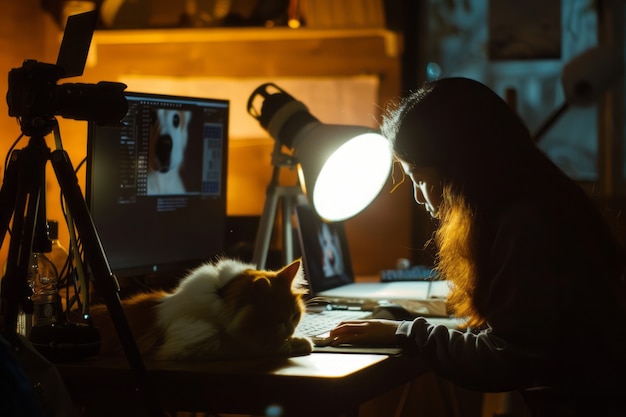 Foto grátis pessoa que cria conteúdo online com os seus animais de estimação