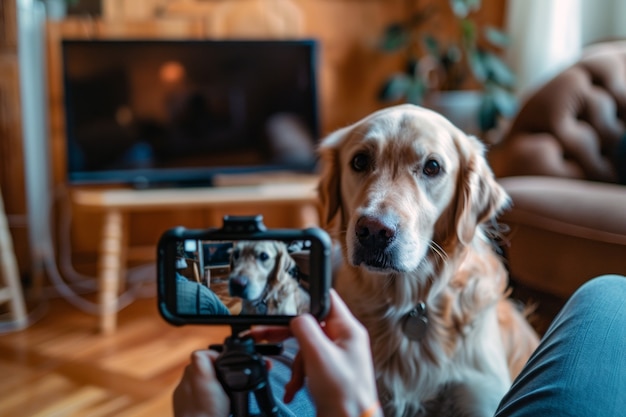 Foto grátis pessoa que cria conteúdo online com os seus animais de estimação