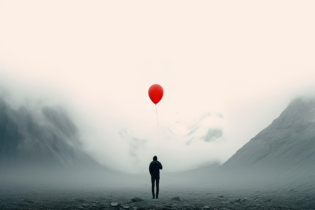 Foto grátis pessoa segurando um balão vermelho em uma paisagem enevoada