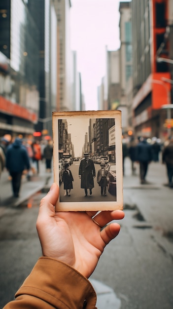 Pessoa segurando uma foto da antiga cidade de nova york