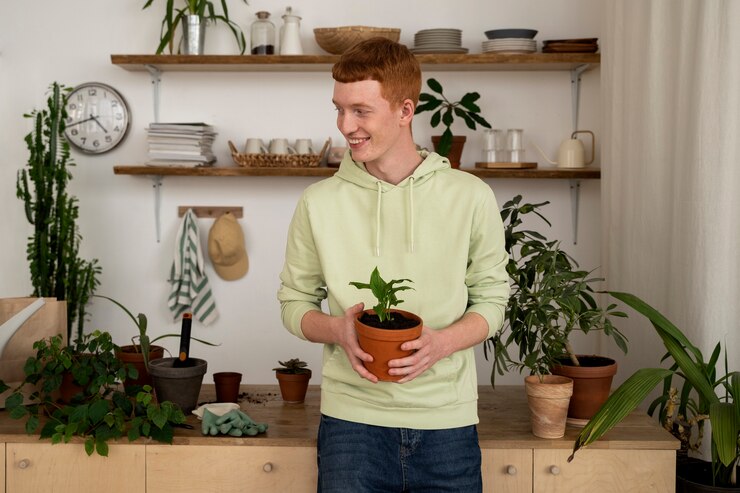 Foto grátis pessoa transplantando plantas em vasos novos