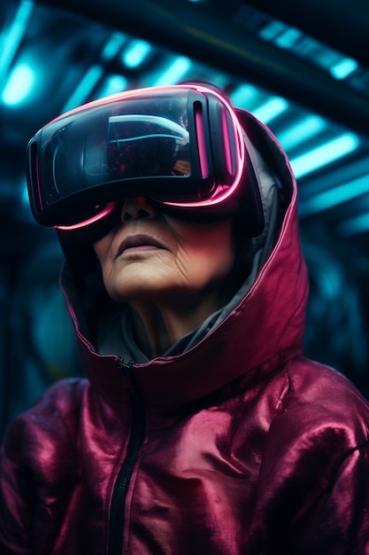 Foto grátis pessoa usando óculos de realidade virtual de alta tecnologia futurista