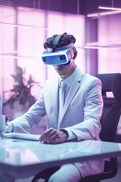Pessoa usando óculos de realidade virtual de alta tecnologia futurista