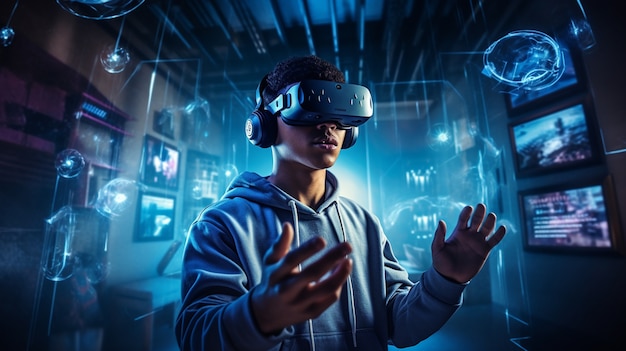 Pessoa usando óculos de realidade virtual futurista para jogos