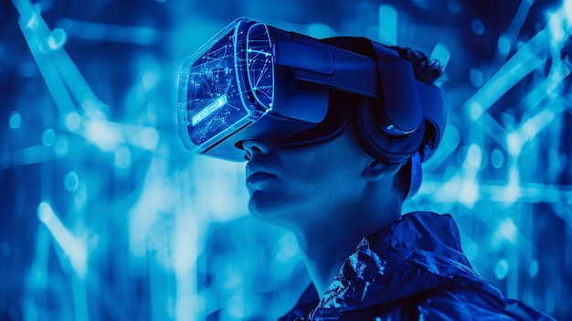 Pessoa usando óculos VR de alta tecnologia enquanto está cercada por cores de néon azuis brilhantes.