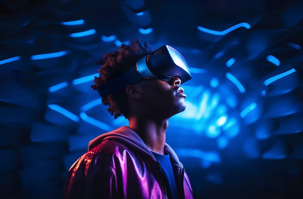 Pessoa usando óculos VR de alta tecnologia enquanto está cercada por cores de néon azuis brilhantes.