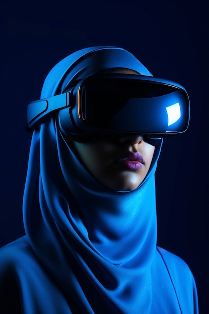 Foto grátis pessoa usando óculos vr de alta tecnologia enquanto está cercada por cores de néon azuis brilhantes.