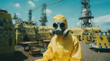 Foto grátis pessoa vestindo traje anti-risco trabalhando em uma usina nuclear