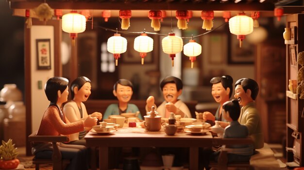 Pessoas 3D desfrutando de um jantar de reunião durante a celebração do ano novo chinês