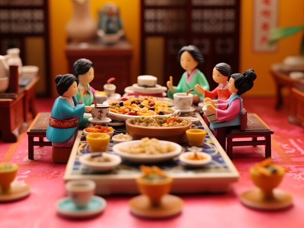 Pessoas 3D desfrutando de um jantar de reunião durante a celebração do ano novo chinês