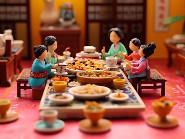 Pessoas 3D desfrutando de um jantar de reunião durante a celebração do ano novo chinês