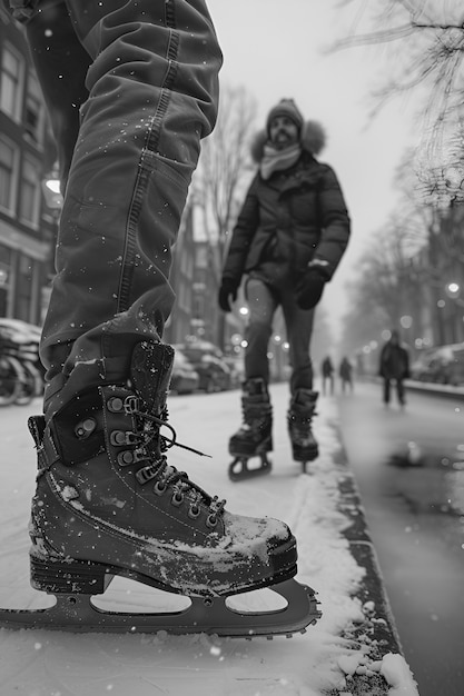 Foto grátis pessoas a patinar no gelo de preto e branco.