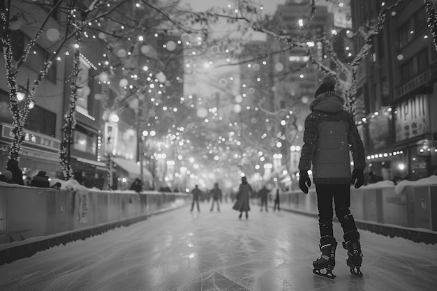 Pessoas a patinar no gelo de preto e branco.