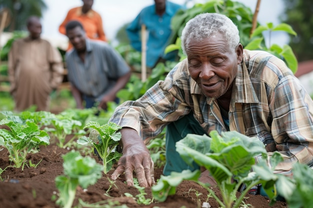 Pessoas africanas colhendo legumes