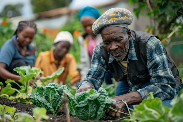 Pessoas africanas colhendo legumes