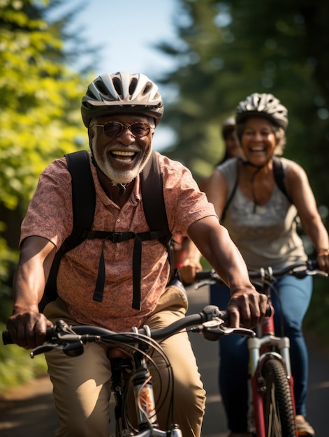 Pessoas andando de bicicleta em grupo na natureza