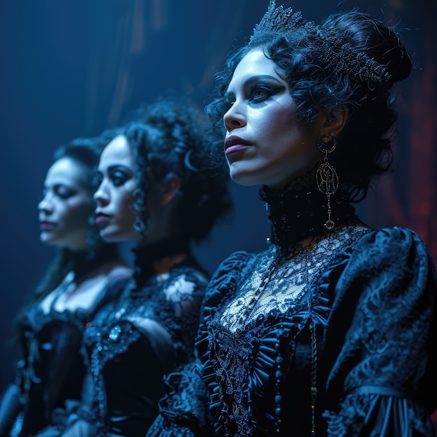 Foto grátis pessoas com trajes de estilo gótico e maquiagem realizando drama para o dia mundial do teatro