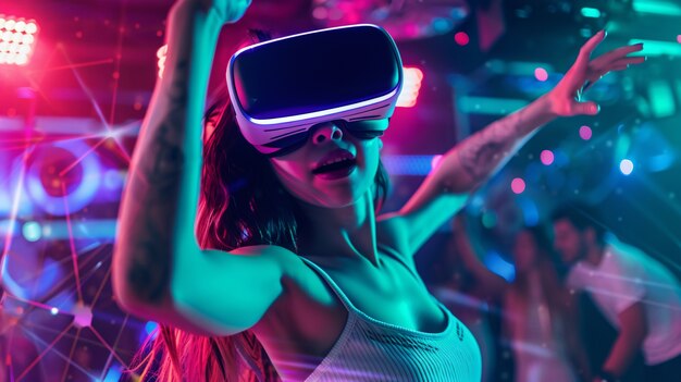 Pessoas dançando cercadas por luzes de néon brilhantes em uma festa com fones de ouvido de realidade virtual