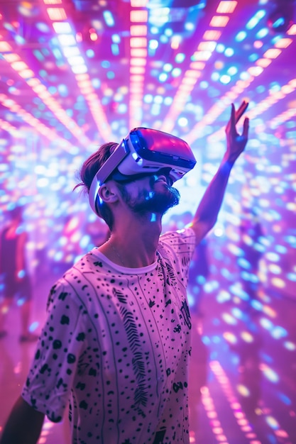 Pessoas dançando cercadas por luzes de néon brilhantes em uma festa com fones de ouvido de realidade virtual