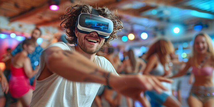 Foto grátis pessoas dançando cercadas por luzes de néon brilhantes em uma festa com fones de ouvido de realidade virtual