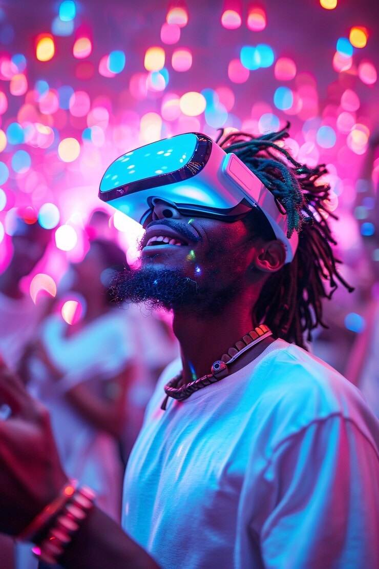 Foto grátis pessoas dançando cercadas por luzes de néon brilhantes em uma festa com fones de ouvido de realidade virtual