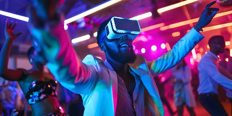 Foto grátis pessoas dançando cercadas por luzes de néon brilhantes em uma festa com fones de ouvido de realidade virtual
