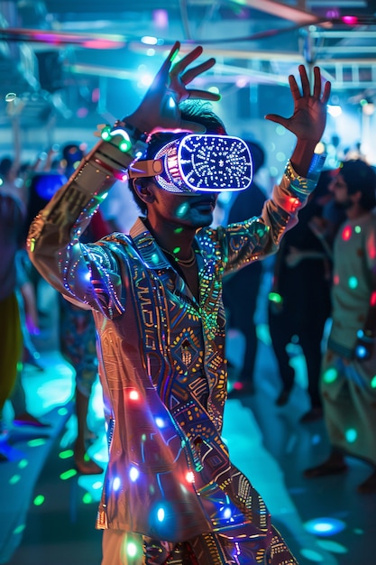 Foto grátis pessoas dançando em uma festa imersiva com fones de ouvido de realidade virtual e cores de néon brilhantes