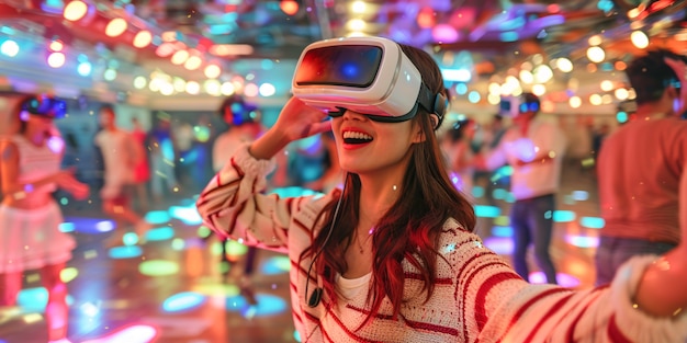 Pessoas dançando em uma festa imersiva com fones de ouvido de realidade virtual e cores de néon brilhantes