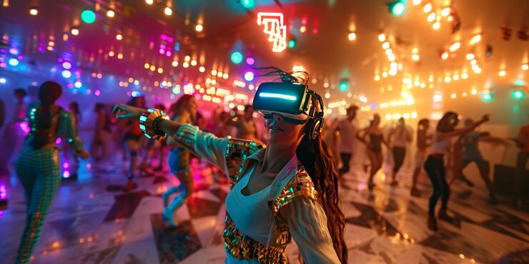 Foto grátis pessoas dançando em uma festa imersiva com fones de ouvido de realidade virtual e cores de néon brilhantes