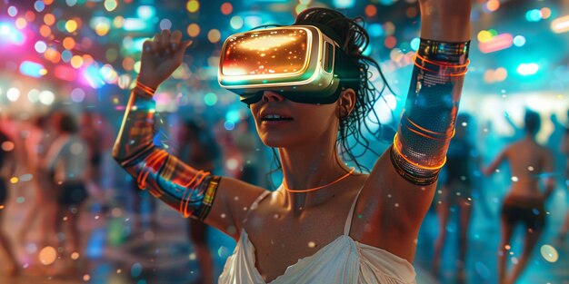 Pessoas dançando em uma festa imersiva com fones de ouvido de realidade virtual e cores de néon brilhantes