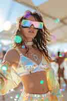Foto grátis pessoas dançando em uma festa imersiva com fones de ouvido de realidade virtual e cores de néon brilhantes