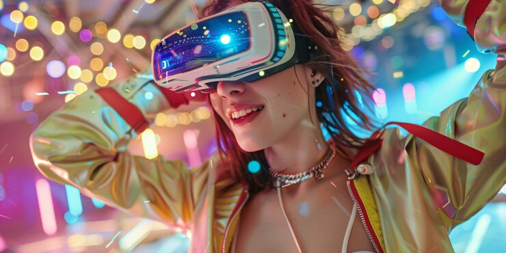 Foto grátis pessoas dançando em uma festa imersiva com fones de ouvido de realidade virtual e cores de néon brilhantes