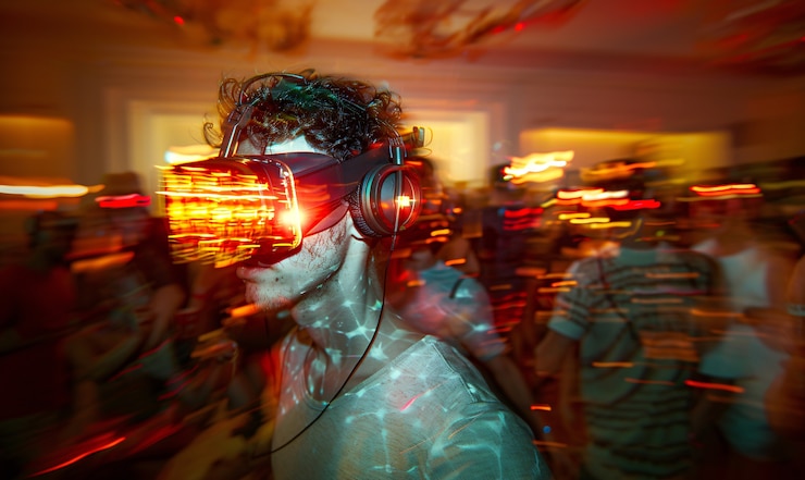 Foto grátis pessoas dançando em uma festa imersiva com fones de ouvido de realidade virtual e cores de néon brilhantes