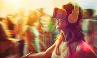 Foto grátis pessoas dançando em uma festa imersiva com fones de ouvido de realidade virtual e cores de néon brilhantes