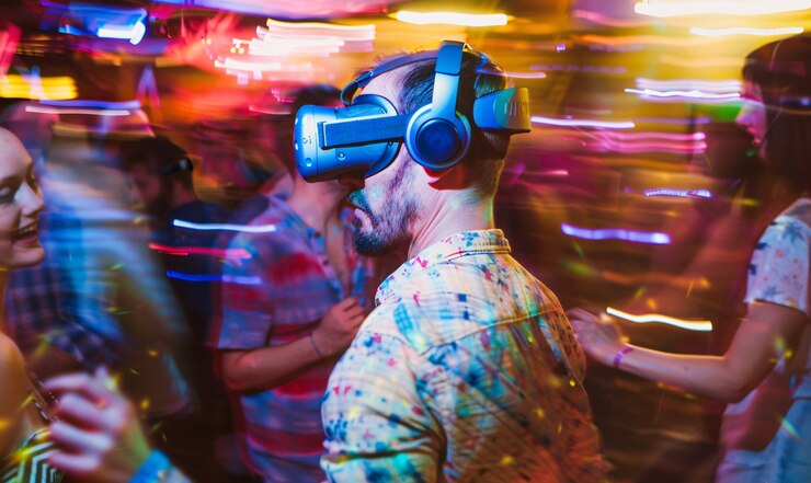 Foto grátis pessoas dançando em uma festa imersiva com fones de ouvido de realidade virtual e cores de néon brilhantes