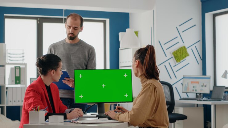 Foto grátis pessoas de negócios trabalhando no computador com tela verde no escritório de inicialização. colegas fazendo trabalho em equipe e discutindo sobre chroma key isolado com modelo de maquete e plano de fundo em exibição.