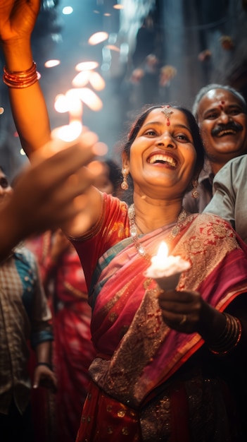 Pessoas de vista frontal comemorando o ano novo tamil