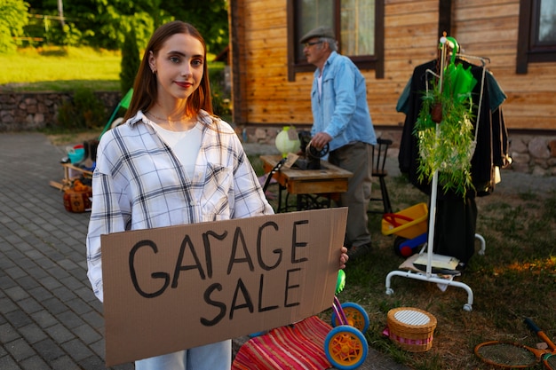 Foto grátis pessoas de vista frontal na venda de garagem