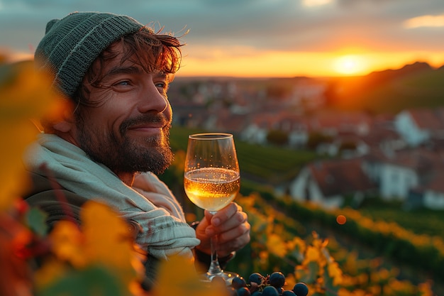 Foto grátis pessoas desfrutando de um copo de vinho em uma vinha com uma paisagem natural deslumbrante